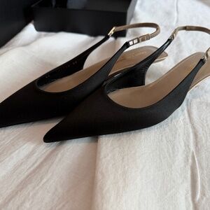 Saint Laurent Black Satin Evening Shoes Sz 37 Kitten Heel Slingback